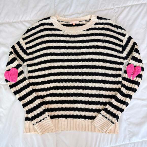 Lisa Todd Sweaters - Lisa Todd Black and White Striped Pullover Sweater with Pink Heart Elbow Patches